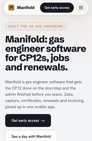 The Manifold site on a phone-sized screen: gas engineer software for CP12s, jobs and renewals