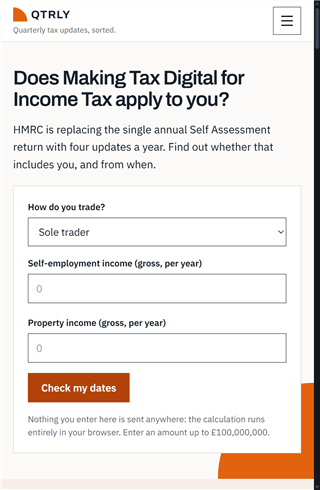 Quarterly's Making Tax Digital checker on a phone-sized screen