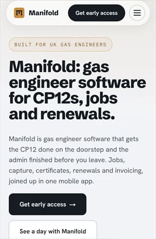 The Manifold site on a phone-sized screen: gas engineer software for CP12s, jobs and renewals
