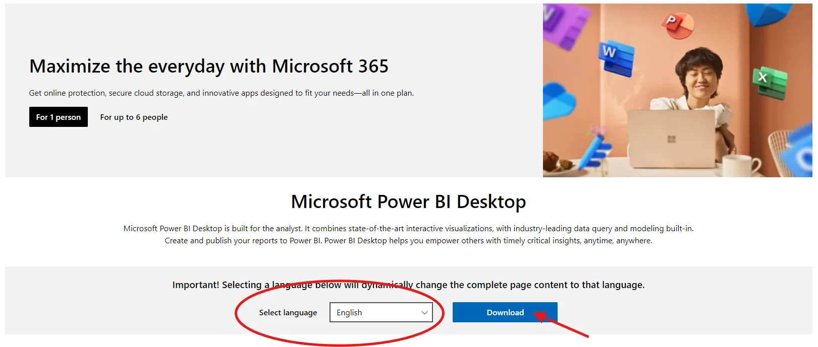 Power BI Desktop download page with the language selector and Download button highlighted