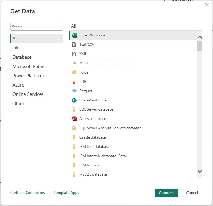 Get Data window listing available connectors, with Excel Workbook selected