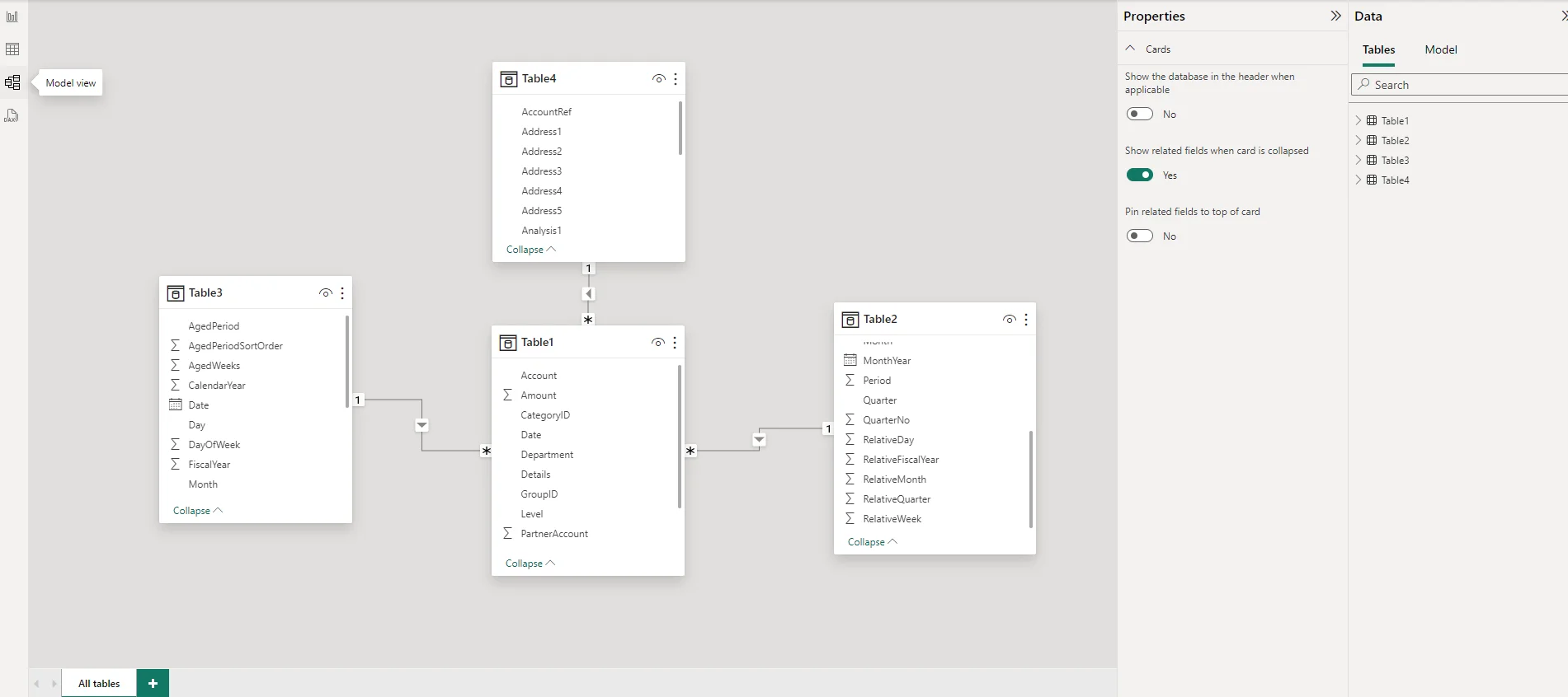 Model view showing relationships between four tables in the data model