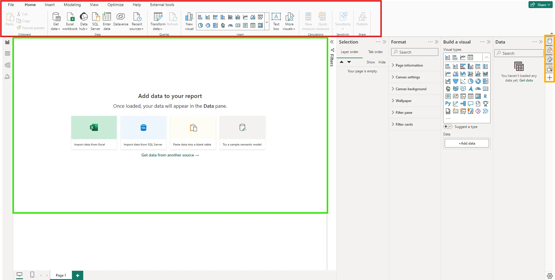 Power BI Desktop interface with the ribbon, canvas and pane selection menu outlined