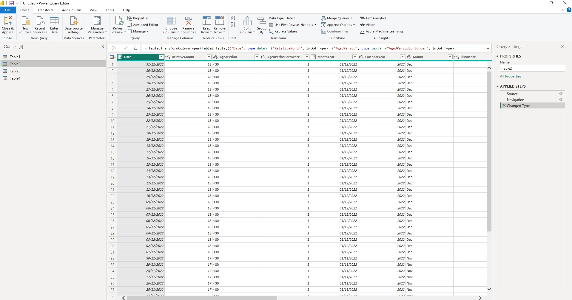 Power Query Editor showing a date table with applied steps listed