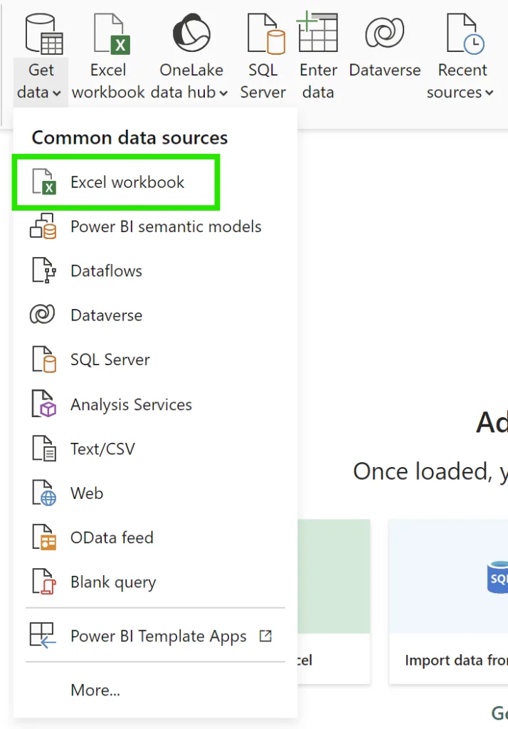 Common data sources dropdown with Excel workbook highlighted