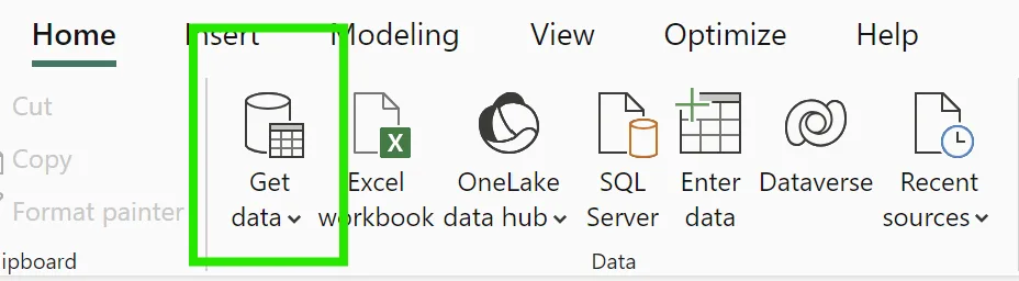 Get data button highlighted on the Power BI Home ribbon