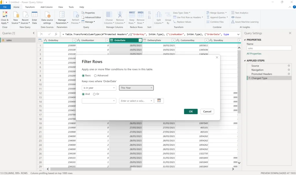 Power Query Editor with a Filter Rows dialog filtering OrderDate to this year