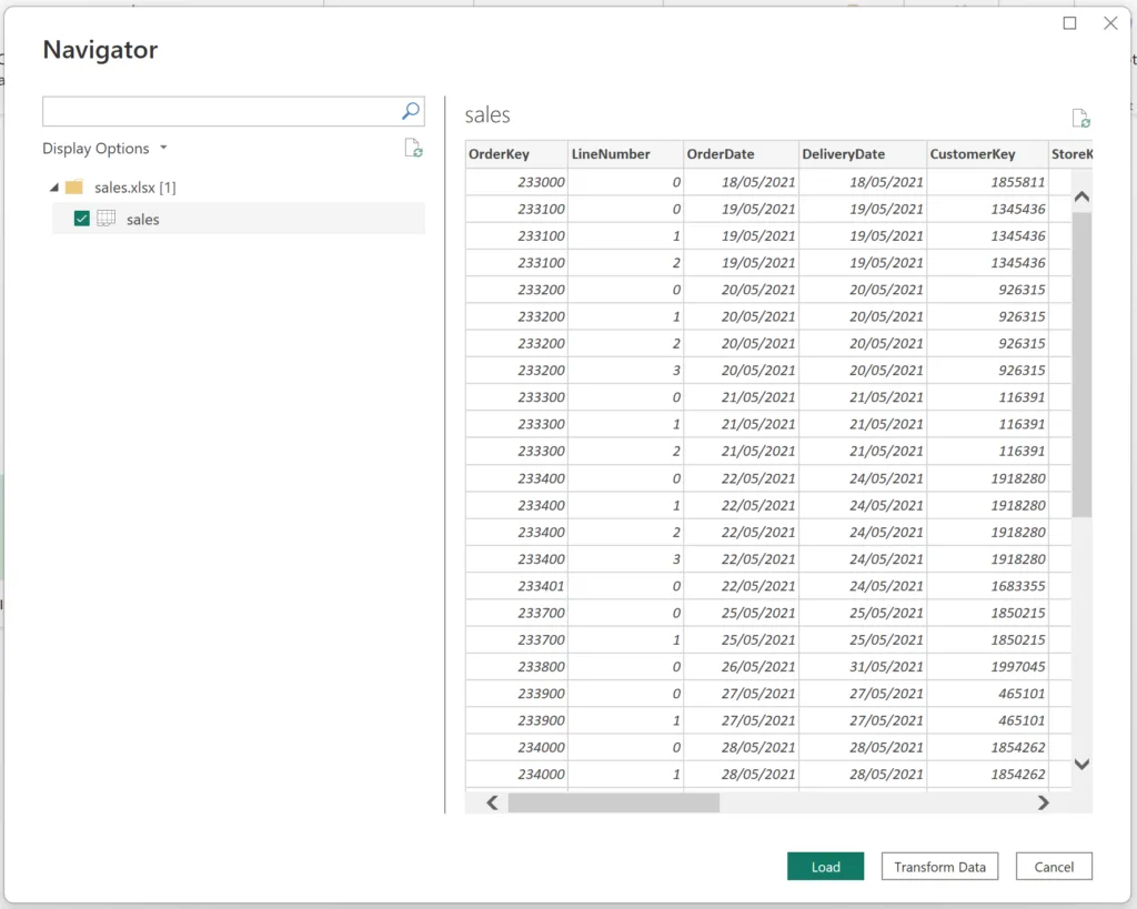 Navigator window with the sales table ticked and its data previewed