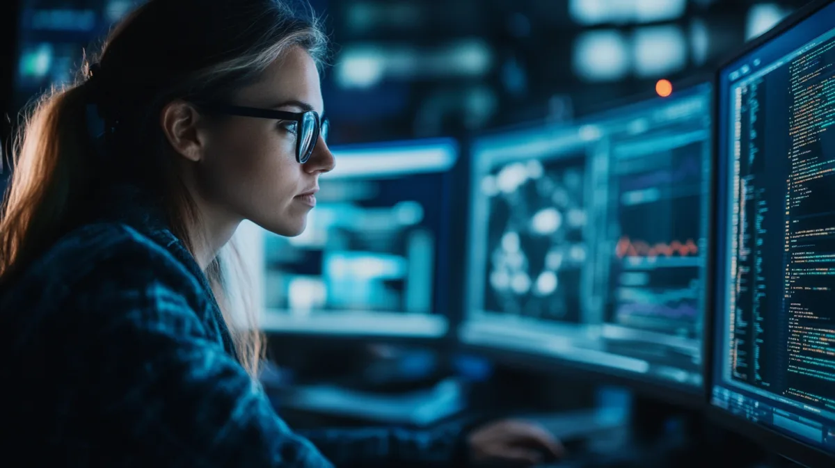 Data strategy expert working on business intelligence solutions in front of multiple monitors.