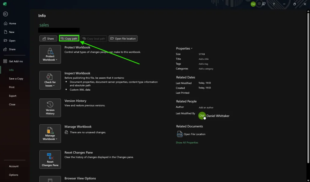 Excel Info screen with an arrow pointing to the Copy path button