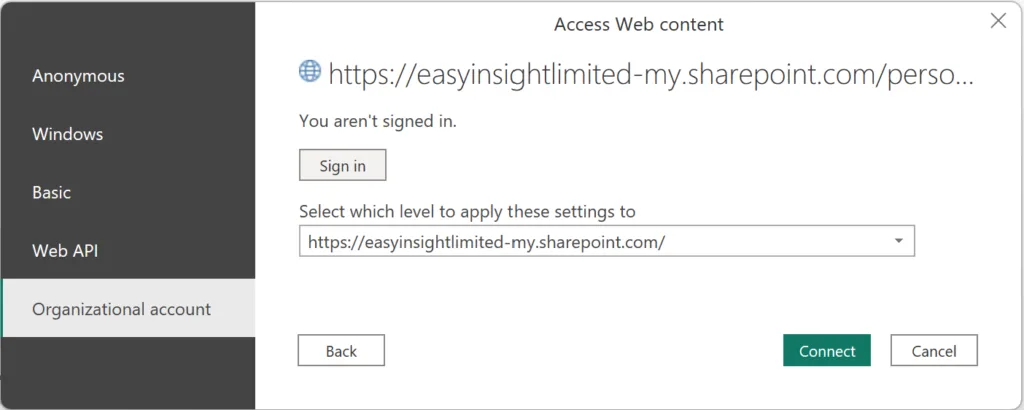 Access Web content dialog with Organisational account selected for signing in