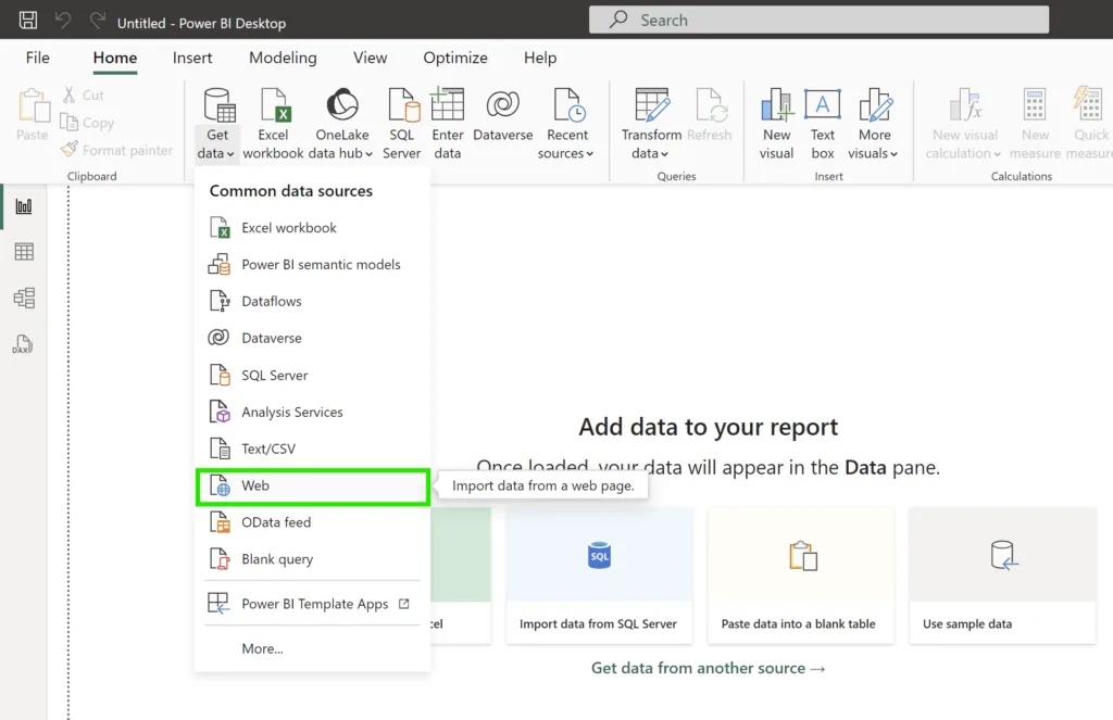 Power BI Get data menu with the Web connector highlighted