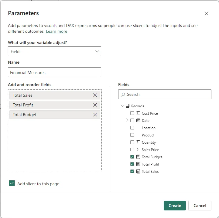 Parameters dialog with Total Sales, Total Profit and Total Budget fields selected