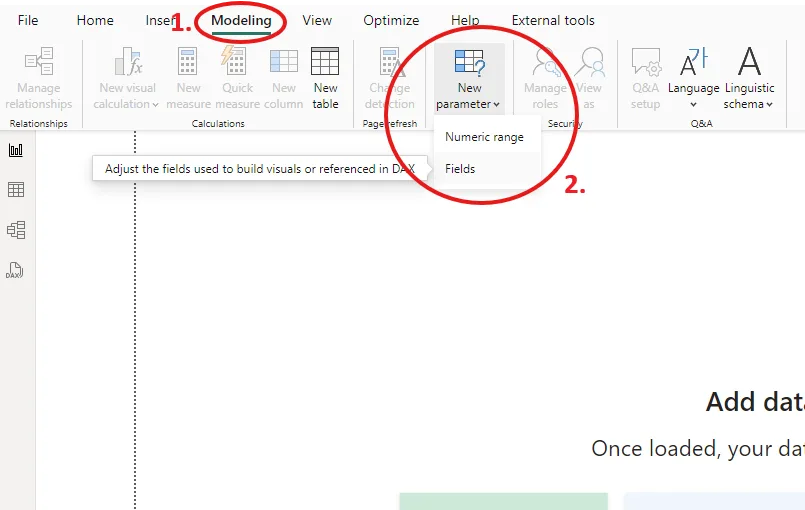 Power BI Modeling tab with the New parameter menu open, highlighting Fields