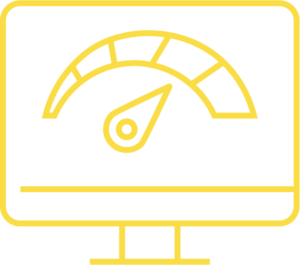 Data visualisation icon - a yellow outline of a computer monitor displaying a speedometer-like gauge, representing the concept of data visualisation for measuring and presenting data insights.