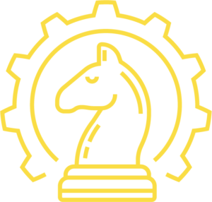 Data strategy icon - a yellow outline of a chess knight inside a gear, representing strategic planning and data-driven decision-making.