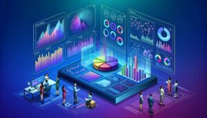 Illustrated digital dashboard with 3D holographic pie chart