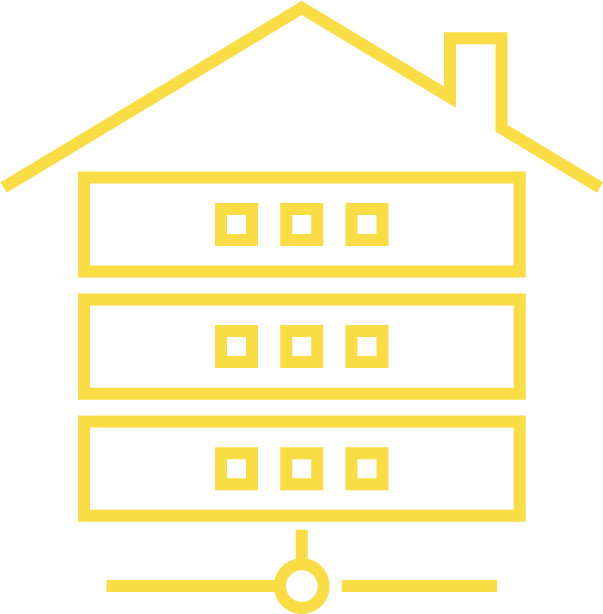 Data warehousing icon - a yellow outline of a house with three stacked server-like structures inside, representing the concept of data warehousing for organised data storage and management.