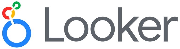 Google Looker logo - the word 'Looker' in grey next to a stylized circular icon composed of interlocking segments in blue, red, yellow, and green, representing Google's data analytics and business intelligence platform." Description: