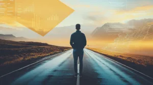 Person standing on a road with data visualisations floating in the sky, symbolising the journey of learning Power BI from beginner to advanced levels.