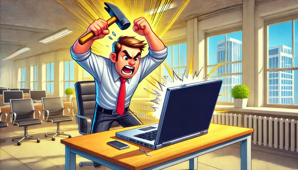 Cartoon illustration of a frustrated man holding a hammer above his head, ready to smash a laptop, symbolising challenges with business intelligence tools like Power BI and data connectivity.