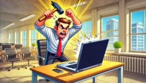 Cartoon illustration of a frustrated man holding a hammer above his head, ready to smash a laptop, symbolising challenges with business intelligence tools like Power BI and data connectivity.