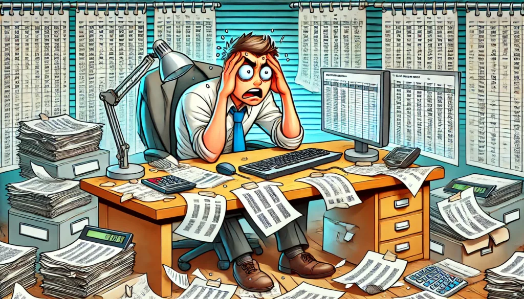 Cartoon illustration of a frustrated office worker surrounded by spreadsheets at a cluttered desk"