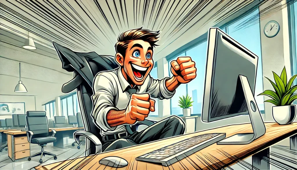 Cartoon-style illustration of a cheerful worker sitting at a desk, excitedly discovering how to use Field Parameters in Power BI, set in a modern office with vibrant colours and an exaggerated style.