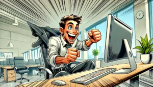 Cartoon-style illustration of a cheerful worker sitting at a desk, excitedly discovering how to use Field Parameters in Power BI, set in a modern office with vibrant colours and an exaggerated style.