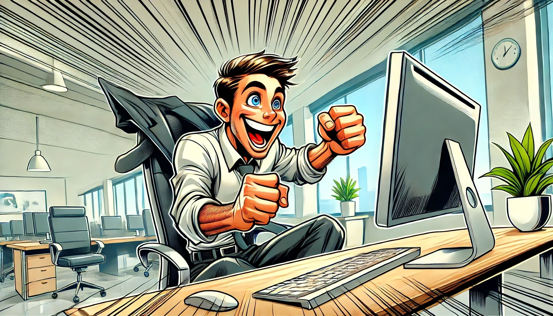 Cartoon-style illustration of a cheerful worker sitting at a desk, excitedly discovering how to use Field Parameters in Power BI, set in a modern office with vibrant colours and an exaggerated style.