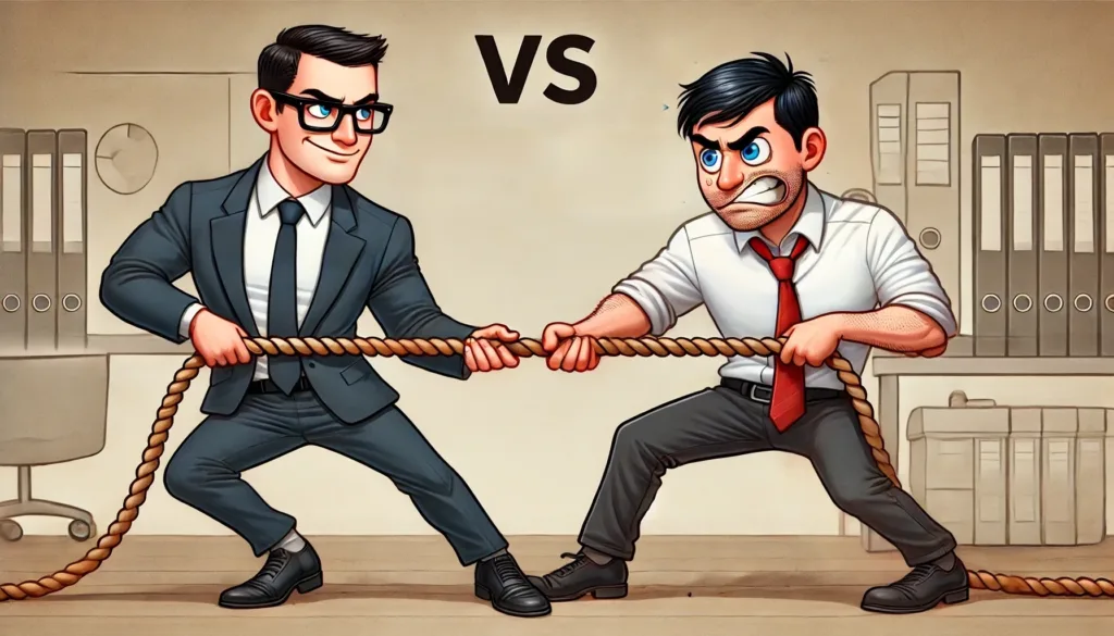 A humorous cartoon illustration of a tug-of-war between a confident Power BI consultant and a struggling internal data engineer, symbolizing the challenges of in-house vs outsourced Power BI consulting.