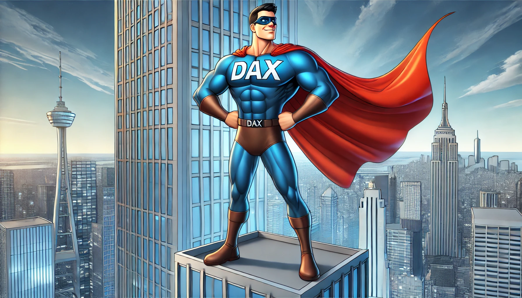 Cartoon illustration of DAX MAN, a superhero standing confidently atop a skyscraper, cape fluttering, symbolising powerful DAX efficiency in Power BI coding.