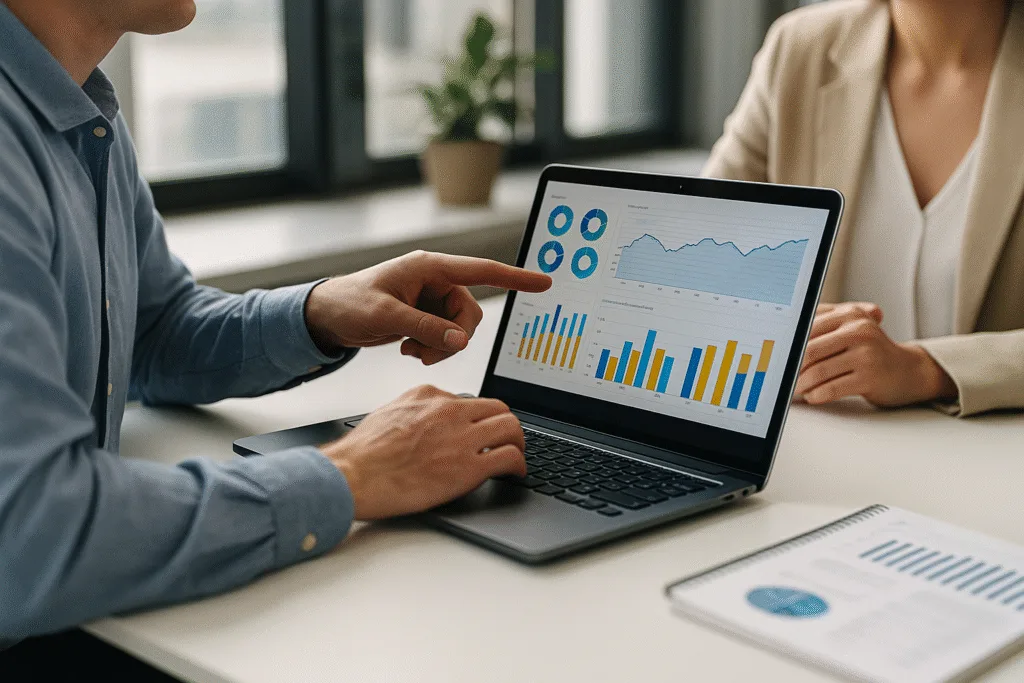 Business intelligence consulting session with professionals reviewing reports and analytics